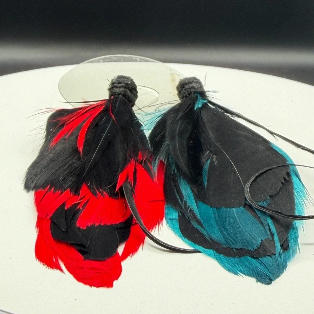 Red Teal Black Feather Brooch Pins Pair Boho Statement Costume Jewelry Set Lot